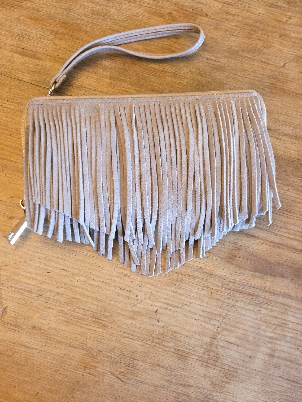 Suede Fringe Wristlet Clutch in Taupe